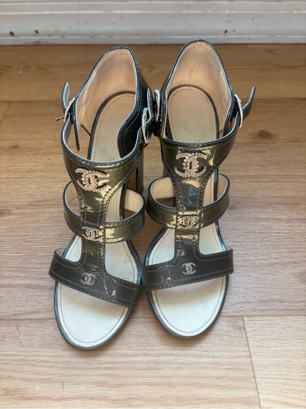 Chanel Metallic Gray Patent Leather Strappy Sandals